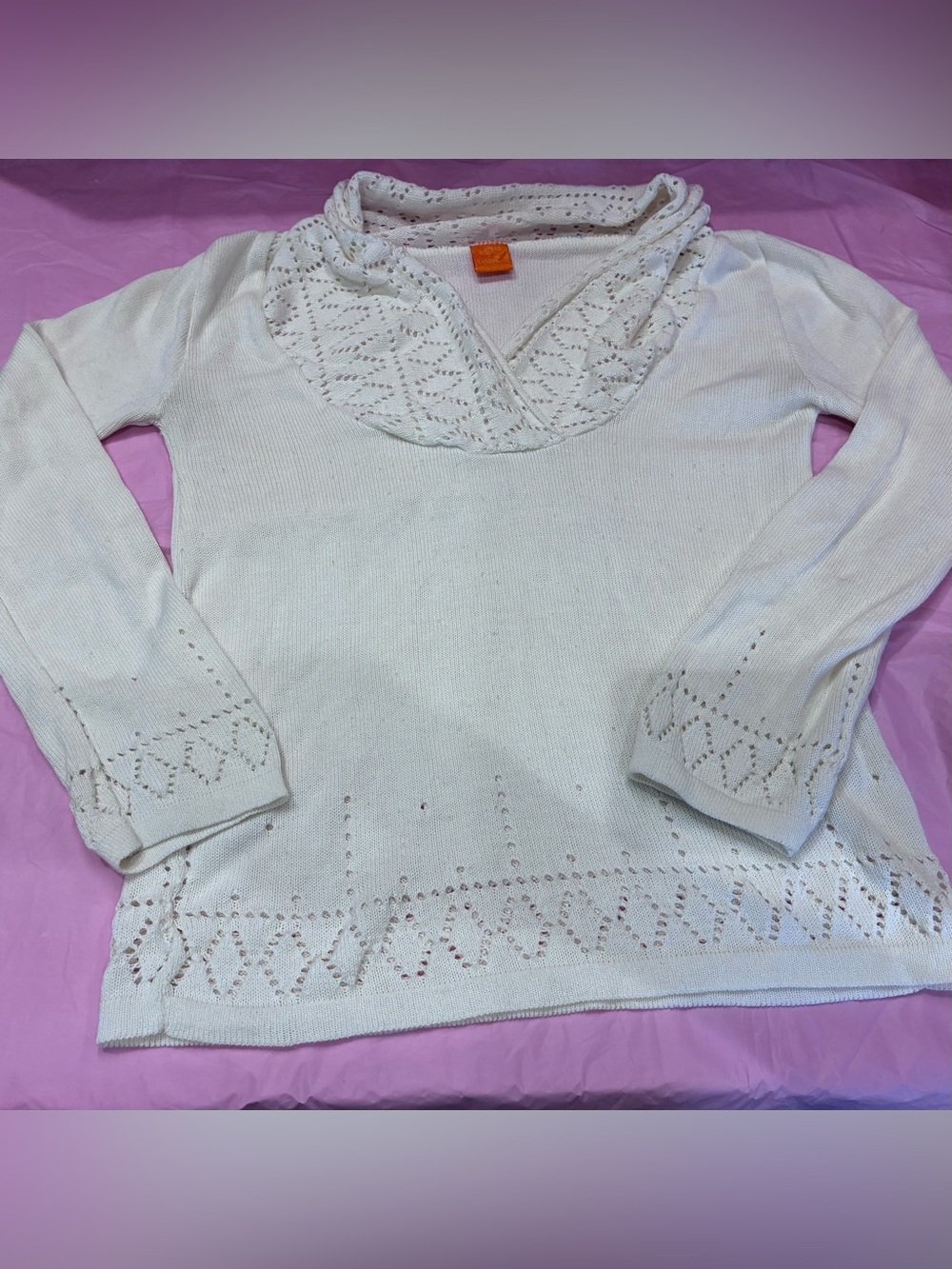 Gabriela Women’s Sweater Cozy Cream White Cowl Neck Eyelet Trim Cottage Sz S
